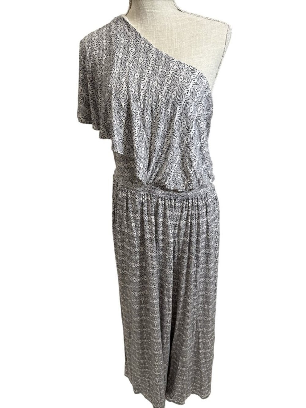 Anthropologie Maeve Single Shoulder Ruffle Romper Black & White Geometric L